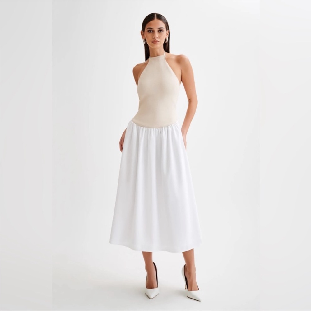 MESHKI Katie Knit and Linen Midi Dress in Tan and White